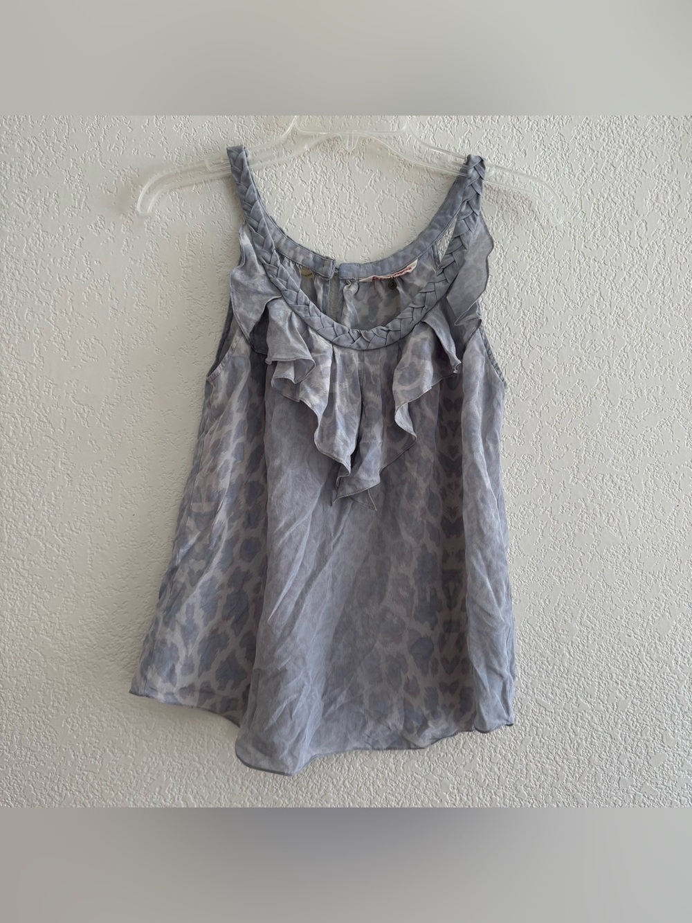 Rebecca Taylor Light Gray leopard animal print silk sleeveless ruffle tank 2/XS